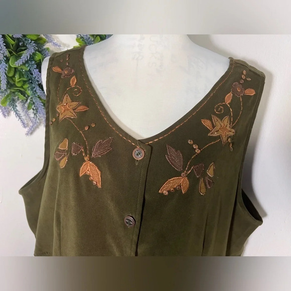 Erika,1X, embroidered beaded sleeveless, olive,crushed velvet button front maxi - Picture 3 of 8